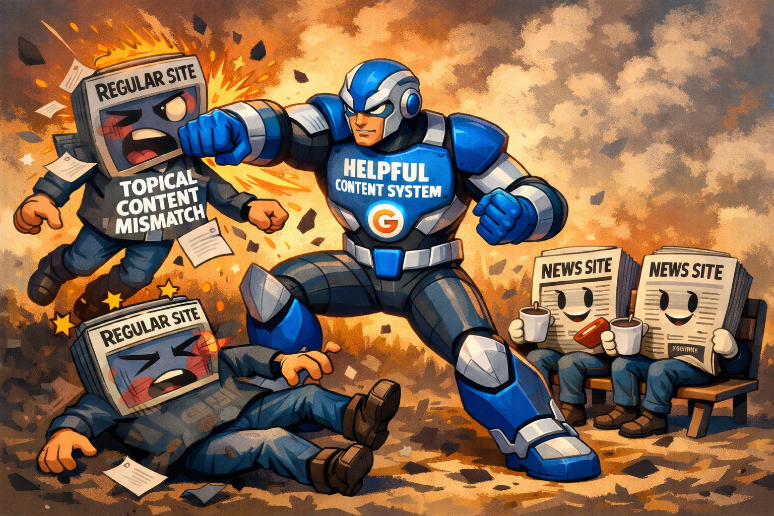 Illustration of Helpful Content hitting regular sites while news sites sit and watch