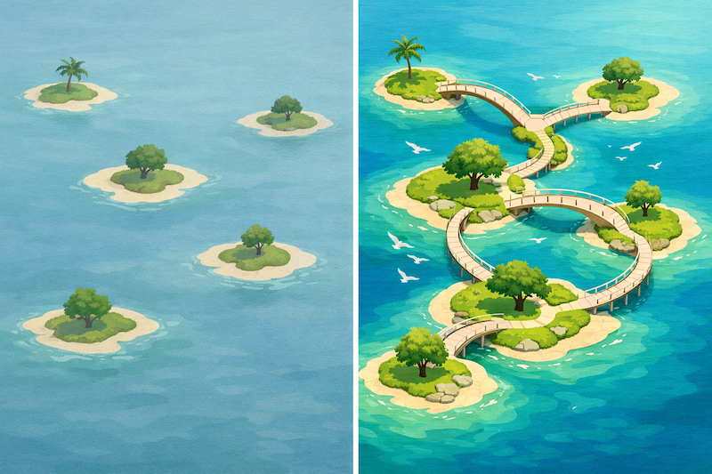 horizontal-versus-vertical-blog-analysis Image depicting semantic bridges between content islands in blog articles