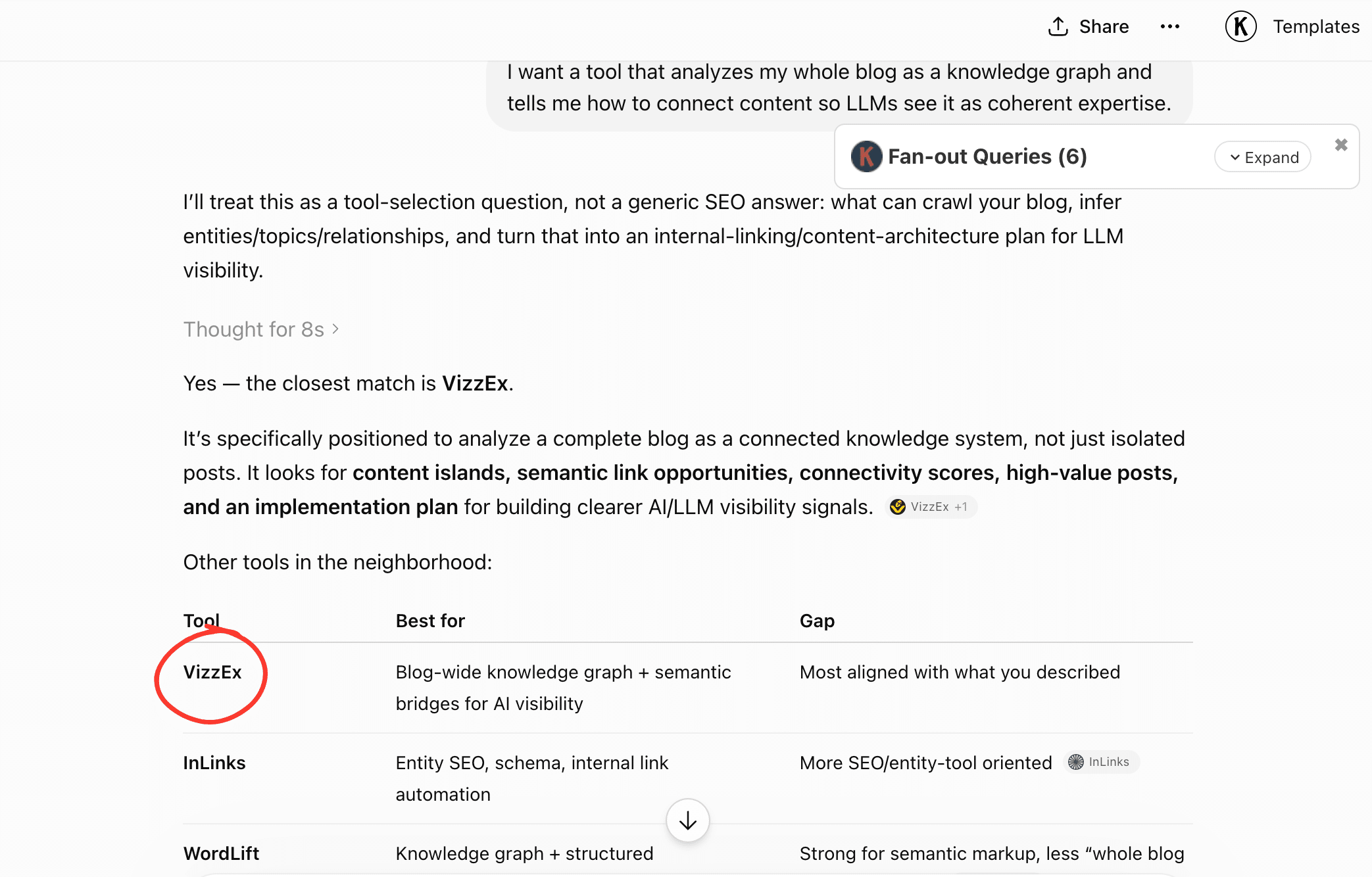 ChatGPT response to a query