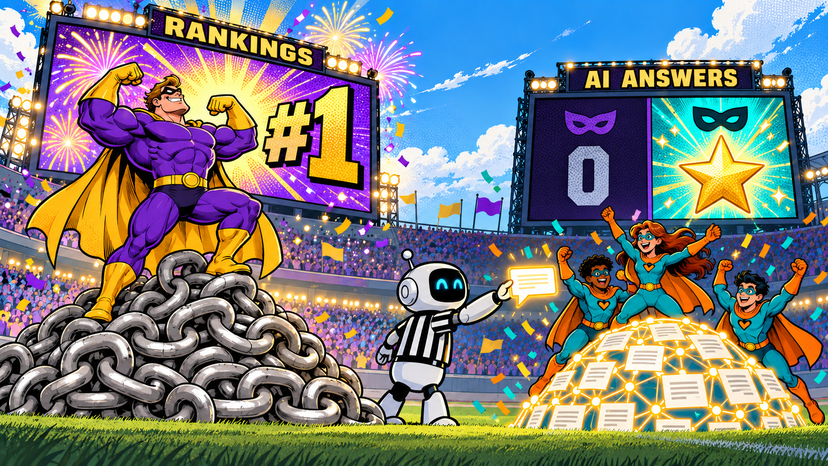 AI Citation Study – Belief1 Cartoon superhero on a pile of backlink chains wins "#1" in rankings, while a robot hands the AI answer to a team of connected pages.