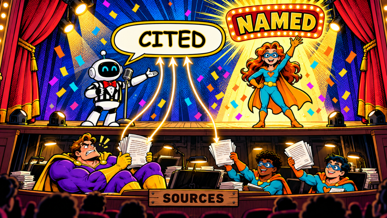 Belief 2 – Cited Is Not Recommended Cartoon illustration: on a theater stage, an AI robot host's speech bubble reads "CITED," fed by pages held up from an orchestra pit labeled "SOURCES," where a giant superhero sits unnamed. A small superhero in the spotlight stands under a marquee reading "NAMED."