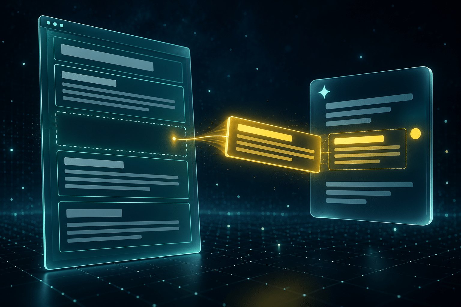 A blog page divided into clean section containers, with one glowing section lifting out and slotting into an AI answer as a cited source.