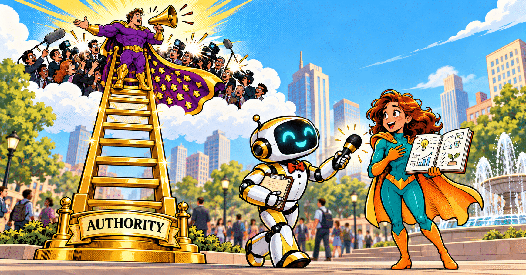Cartoon illustration: a giant superhero shouts through a megaphone from the top of a tall golden ladder labeled "AUTHORITY," while an AI robot walks past below and holds its microphone out to a small superhero on the ground with an open notebook.