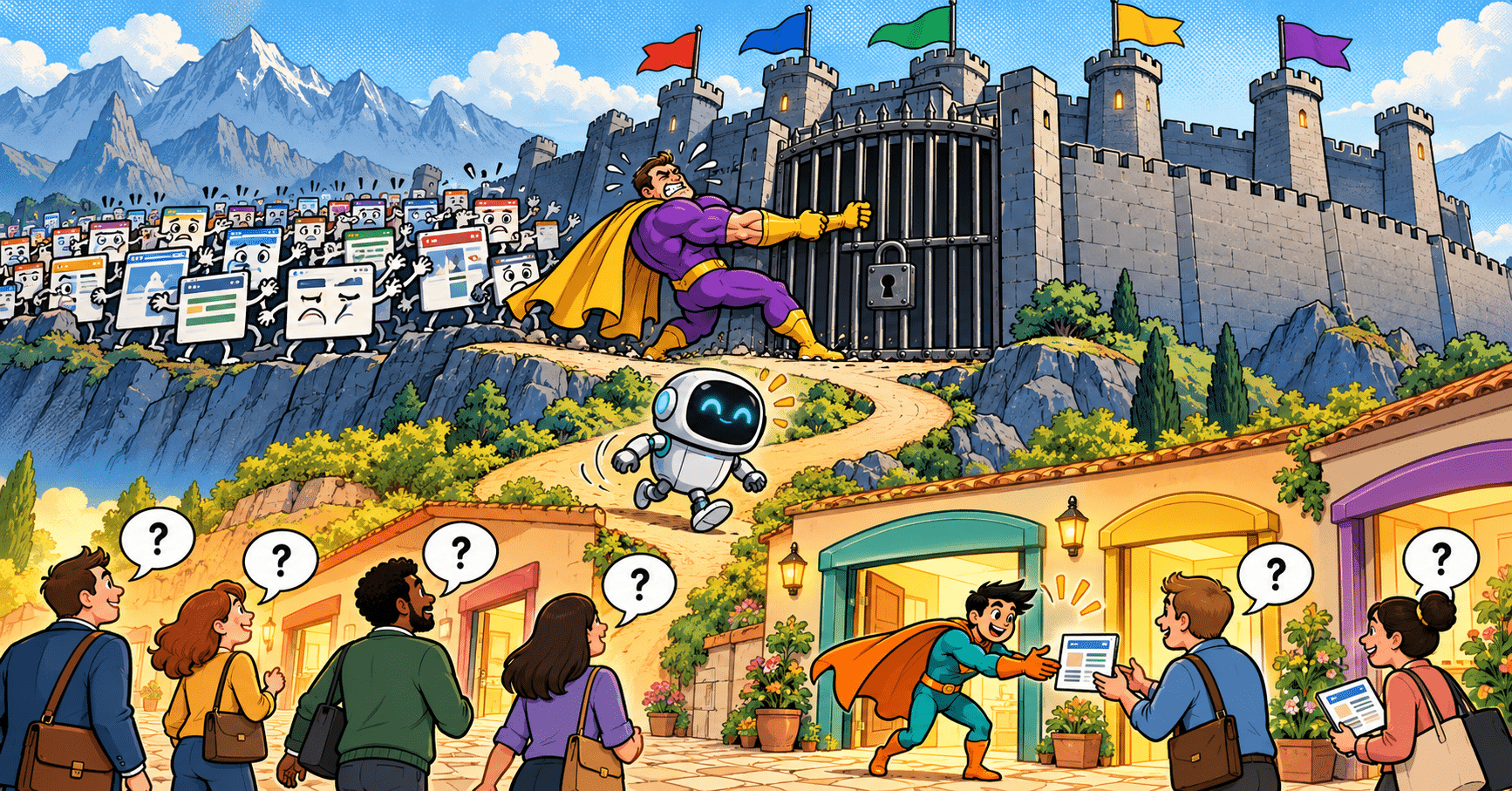 Cartoon illustration: a giant superhero pulls at the locked gate of a walled estate on a hill while tiny websites press against its fence. Below, in a sunny village street, a small superhero in a teal suit hands a page to a business person, while others with question marks walk up and an AI robot walks down the path toward them.