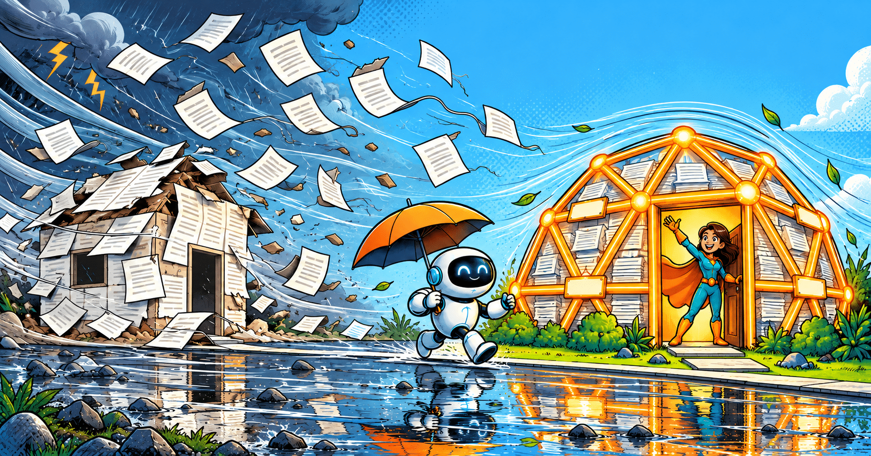 Cartoon illustration: a storm blows across a street. A plain box house loses its pages like roof tiles, while a dome house built from orange connecting struts stands firm, with a small superhero waving from the door and an AI robot with an umbrella walking toward it.